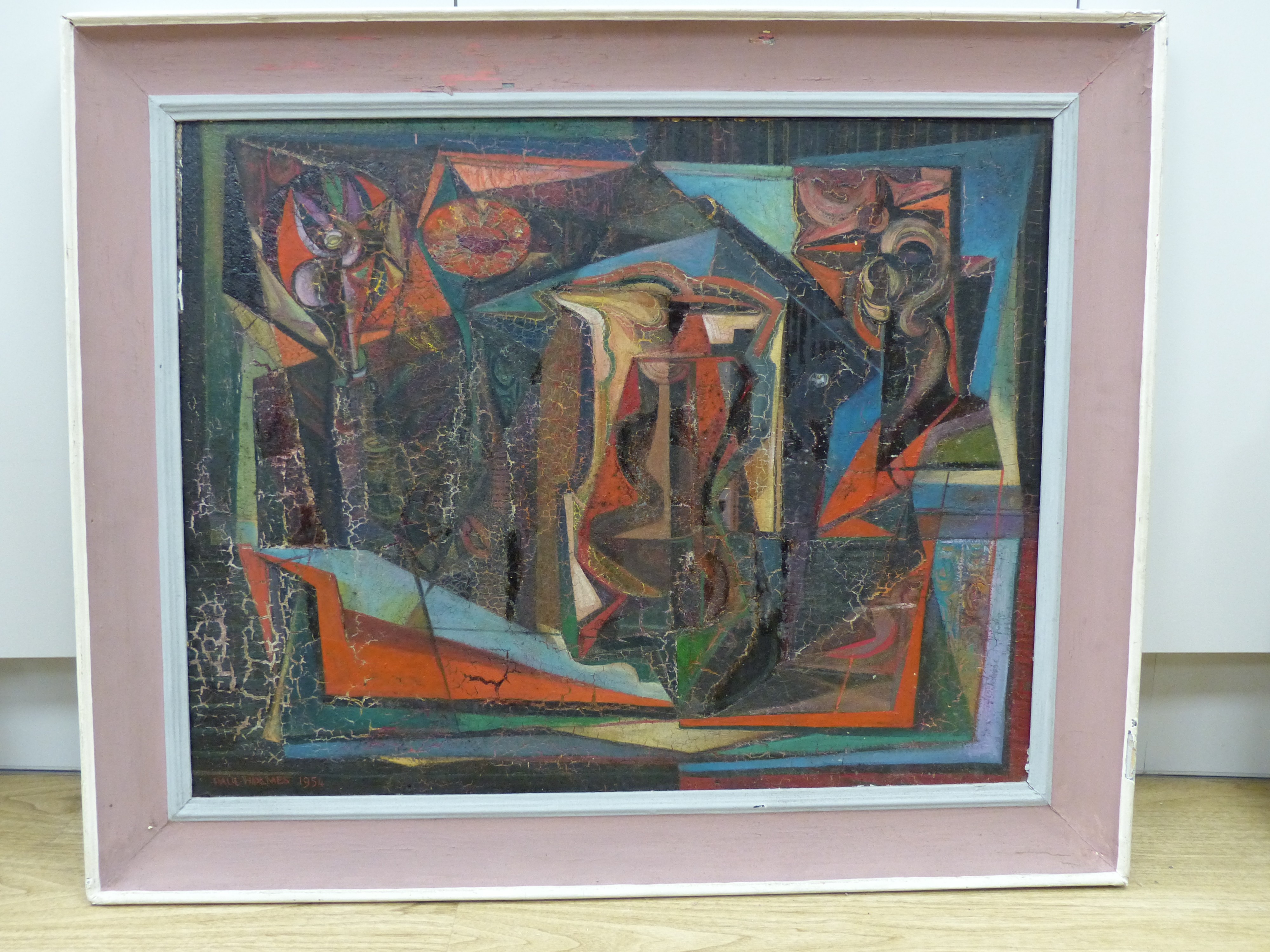 Paul Holmes, oil on board, Abstract, signed and dated 1954, 70 x 56cm